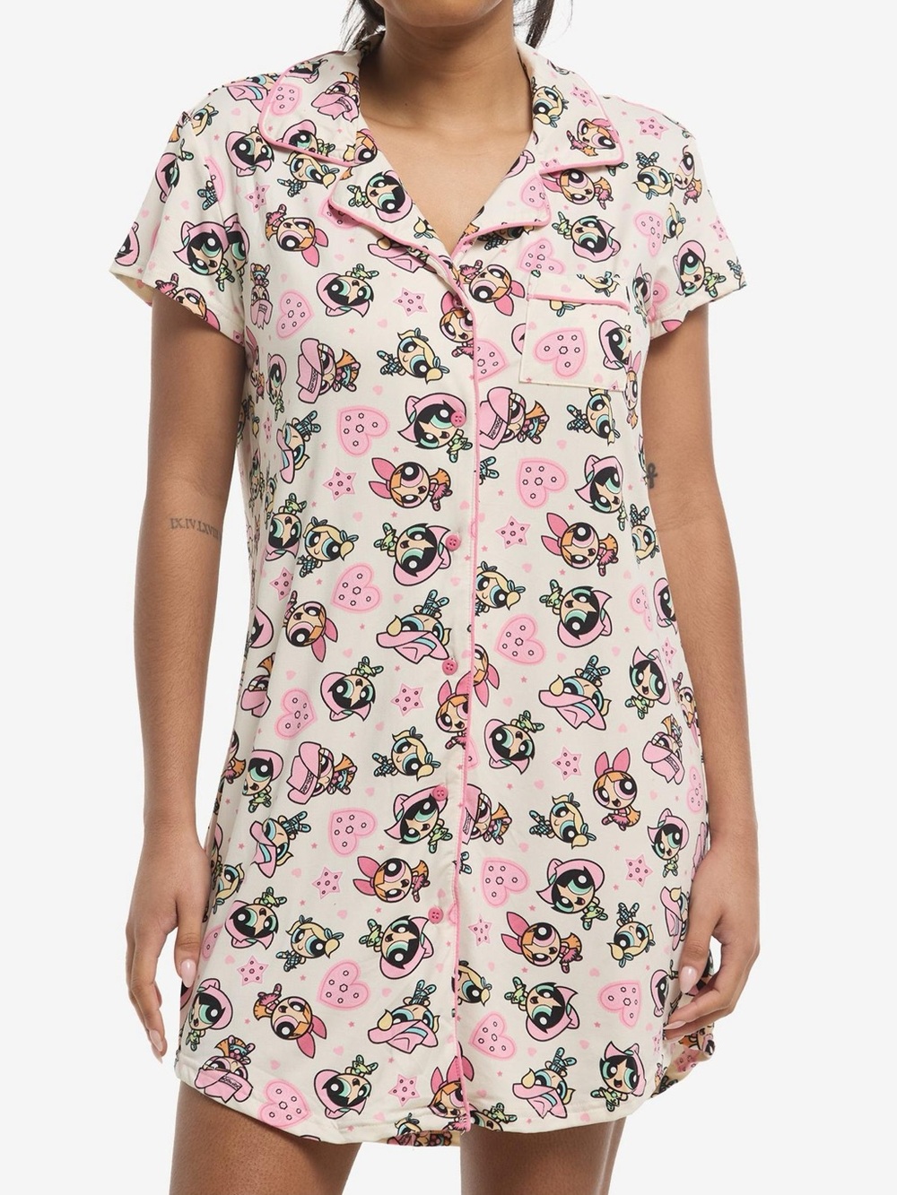 NWT Power Puff Girls Pajama Dress Adult Women’s Nightgown Pink White Button Up L